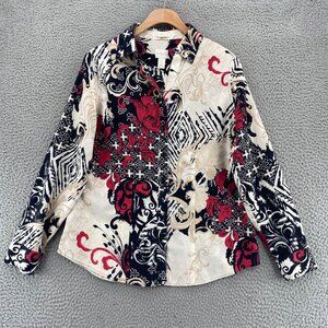 Chicos Shirt Women 0 US Small Effortless Caroline Red Ivory Asian Floral No Iron